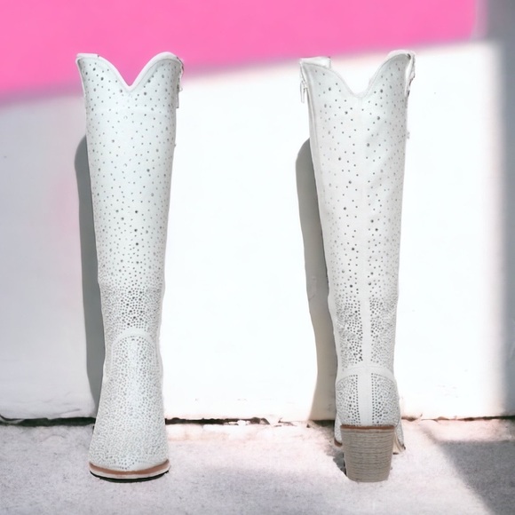Pierre Dumas White Faux Suede Rhinestone Embellished Tall Western Cowboy Boots - Picture 4 of 5